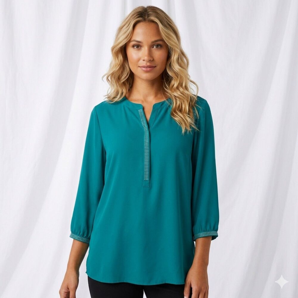 JM COLLECTION Womans Top XL Green Long Slv Hidden Button Front Studs Pullover